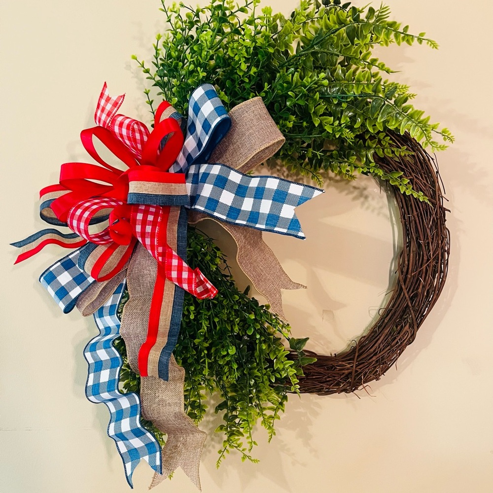 Handmade Patriotic Holiday Grapevine Wreath with Lush Greenery and Bow